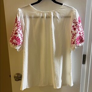 White and Pink Embroidered Women's Top